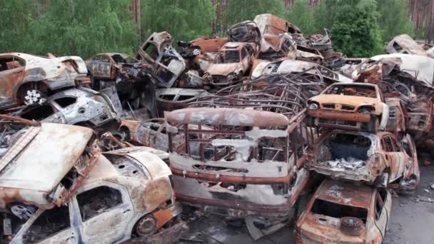 Toto Video Ukazuje Skládku Pořízených Spálených Aut Irpin Okres Bucha — Stock video