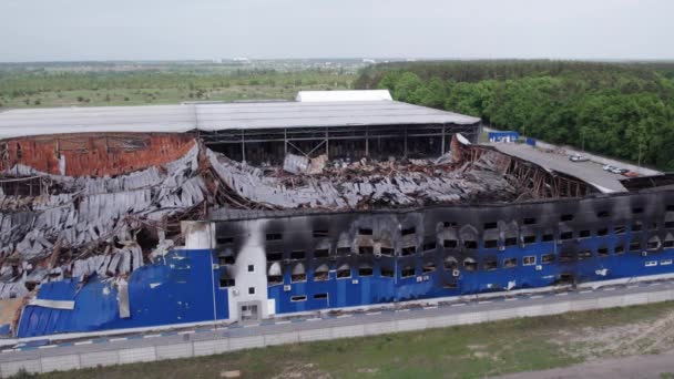 Esta Imagen Muestra Una Vista Aérea Almacén Destruido Bucha Ucrania — Vídeo de stock