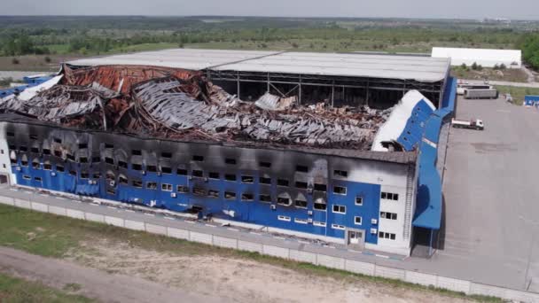 Denna Stockbild Visar Flygbild Ett Förstört Lager Bucha Ukraina Kriget — Stockvideo