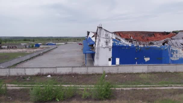 Esta Imagen Muestra Una Vista Aérea Almacén Destruido Bucha Ucrania — Vídeos de Stock