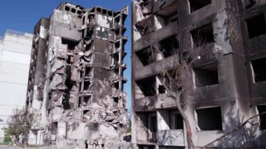Bu video, Ukrayna 'daki savaş sırasında Bucha, Borodyanka' da yıkılan bir konut binasını gösteriyor.