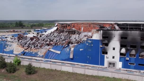 Esta Imagen Muestra Una Vista Aérea Almacén Destruido Bucha Ucrania — Vídeo de stock