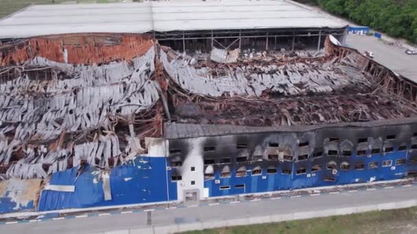 Esta Imagen Muestra Una Vista Aérea Almacén Destruido Bucha Ucrania — Vídeo de stock