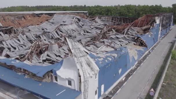 Questa Immagine Scorta Mostra Una Vista Aerea Magazzino Distrutto Bucha — Video Stock