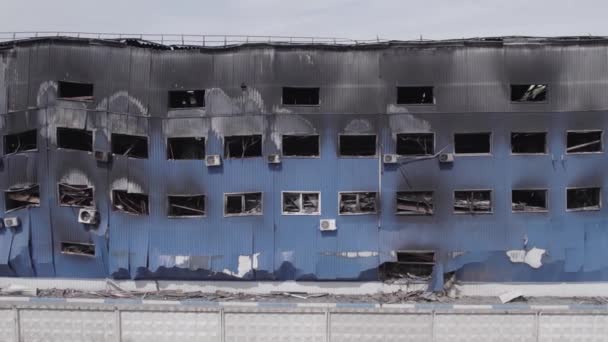 Dieses Archivbild Zeigt Eine Luftaufnahme Einer Zerstörten Lagerhalle Bucha Ukraine — Stockvideo