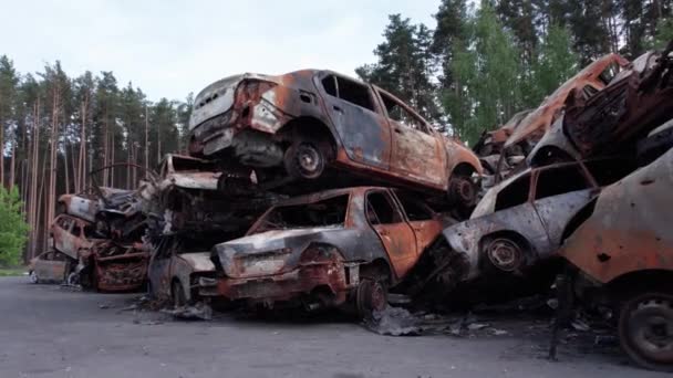 Dieses Archivvideo Zeigt Eine Müllkippe Aus Angeschossenen Und Verbrannten Autos — Stockvideo