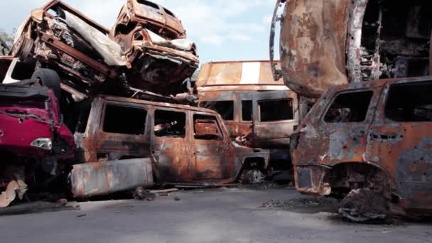 Questo Video Mostra Una Discarica Auto Sparate Bruciate Nel Distretto — Video Stock