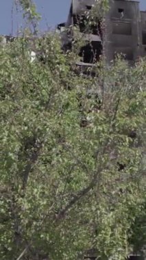 Bu dikey borsa videosu Ukrayna 'daki savaşın sonucunu gösteriyor. Borodyanka, Bucha bölgesindeki harap olmuş bir bina. Gri, renksiz, düz.