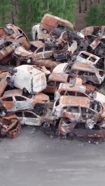 Questo Video Verticale Mostra Una Discarica Auto Sparate Bruciate Nel — Video Stock