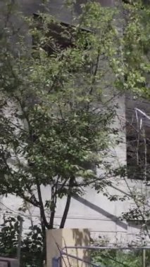 Bu dikey borsa videosu Ukrayna 'daki savaşın sonucunu gösteriyor. Borodyanka, Bucha bölgesindeki harap olmuş bir bina. Gri, renksiz, düz.