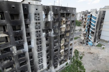 Bu stok fotoğrafı Ukrayna 'daki savaşın sonucunu gösteriyor. Bucha, Borodyanka' da yıkılan bir yerleşim yeri.