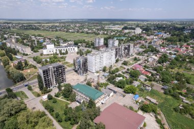 Bu stok fotoğrafı Ukrayna 'daki savaşın sonucunu gösteriyor. Bucha, Borodyanka' da yıkılan bir yerleşim yeri.