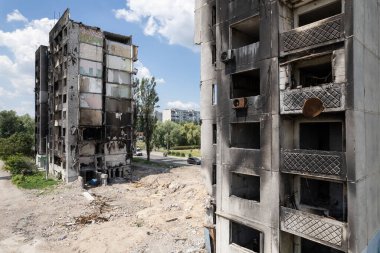 Bu stok fotoğrafı Ukrayna 'daki savaşın sonucunu gösteriyor. Bucha, Borodyanka' da yıkılan bir yerleşim yeri.