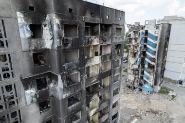 Bu stok fotoğrafı Ukrayna 'daki savaşın sonucunu gösteriyor. Bucha, Borodyanka' da yıkılan bir yerleşim yeri.