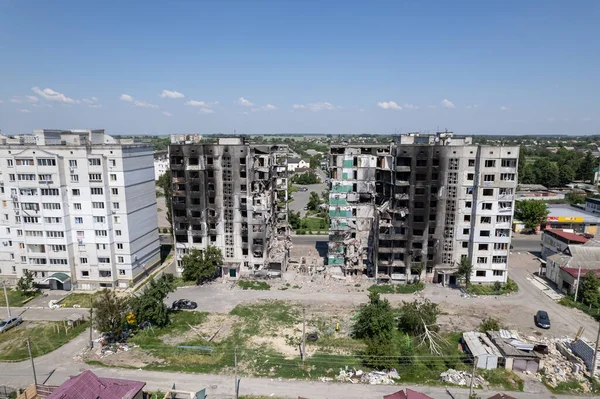 Cette Photo Montre Les Conséquences Guerre Ukraine Bâtiment Résidentiel Détruit — Photo