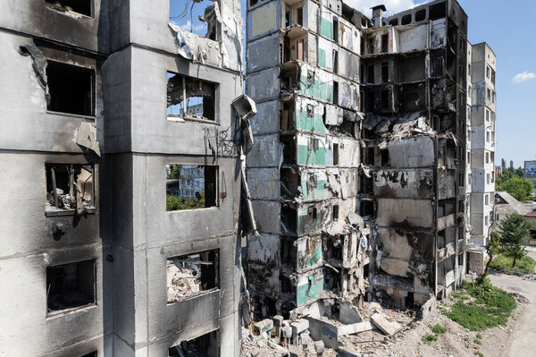 This stock photo shows the aftermath of the war in Ukraine - a destroyed residential building in Borodyanka, Bucha district