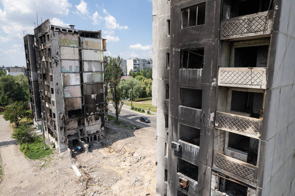 This stock photo shows the aftermath of the war in Ukraine - a destroyed residential building in Borodyanka, Bucha district