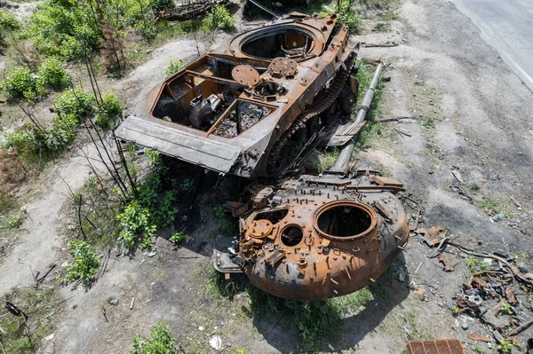 Bu stok fotoğrafı Ukrayna 'daki yok edilmiş askeri teçhizatın hava görüntüsünü gösteriyor.