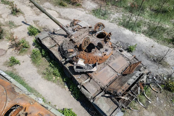 Esta Foto Mostra Uma Vista Aérea Equipamentos Militares Destruídos Ucrânia — Fotografia de Stock