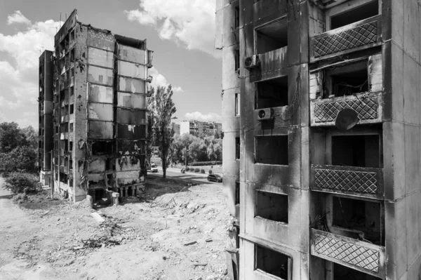 Stock Black White Photo Shows Aftermath War Ukraine Destroyed Residential — Stock Photo, Image