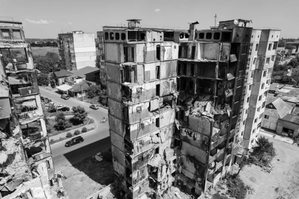 Stock Black White Photo Shows Aftermath War Ukraine Destroyed Residential — Stock Photo, Image