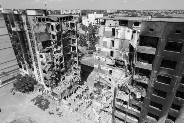 Stock Black White Photo Shows Aftermath War Ukraine Destroyed Residential — Stock Photo, Image