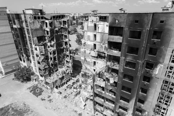 Stock Black White Photo Shows Aftermath War Ukraine Destroyed Residential — Stock Photo, Image