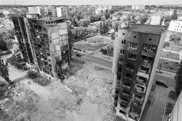 Stock Black White Photo Shows Aftermath War Ukraine Destroyed Residential — Stock Photo, Image