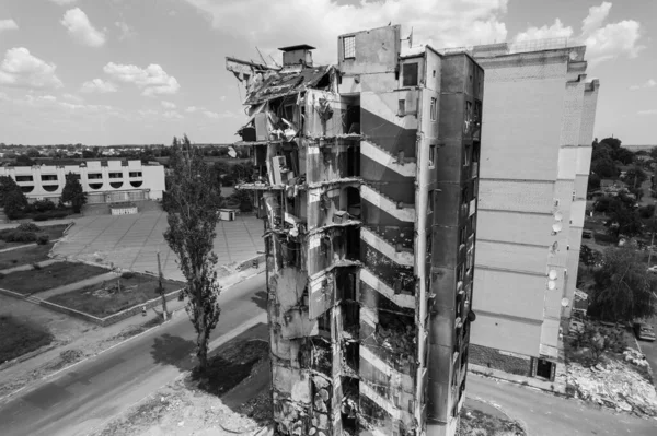 Stock Black White Photo Shows Aftermath War Ukraine Destroyed Residential — Stock Photo, Image