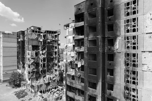 Stock Black White Photo Shows Aftermath War Ukraine Destroyed Residential — Stock Photo, Image