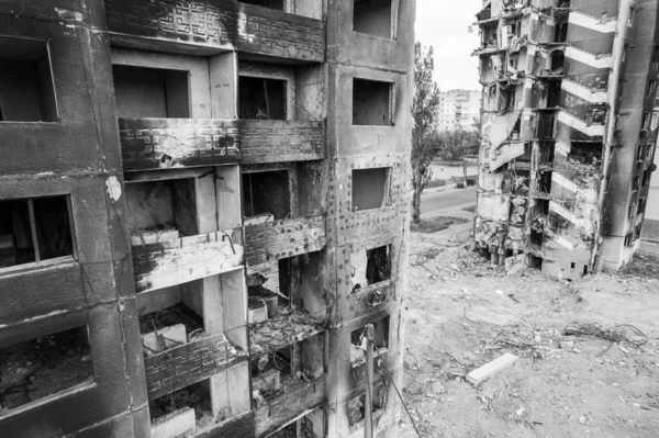 Stock Black White Photo Shows Aftermath War Ukraine Destroyed Residential — Stock Photo, Image