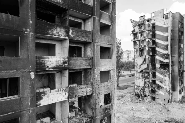 Stock Black White Photo Shows Aftermath War Ukraine Destroyed Residential — Stock Photo, Image