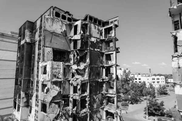 Stock Black White Photo Shows Aftermath War Ukraine Destroyed Residential — Stock Photo, Image