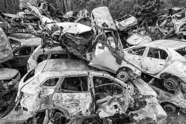 Bu siyah-beyaz fotoğraf Irpin, Bucha bölgesinde bir kurşun ve yanmış araba çöplüğünü gösteriyor.