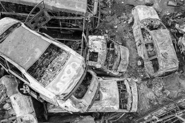 Esta Foto Preto Branco Mostra Uma Descarga Tiro Carros Queimados — Fotografia de Stock