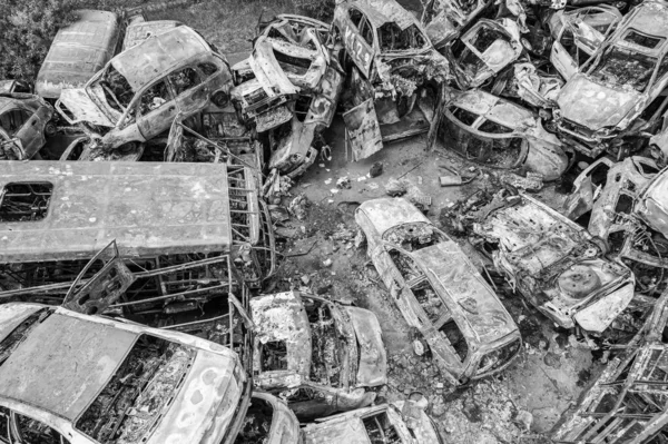 Stock Black White Photo Shows Dump Shot Burned Cars Irpin — Stock Photo, Image