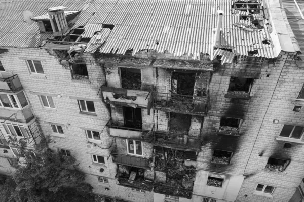 Stock Black White Photo Shows Aftermath War Ukraine Destroyed Building — Stock Photo, Image