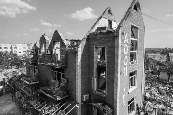 Stock Black White Photo Shows Aftermath War Ukraine Destroyed Building — Stock Photo, Image