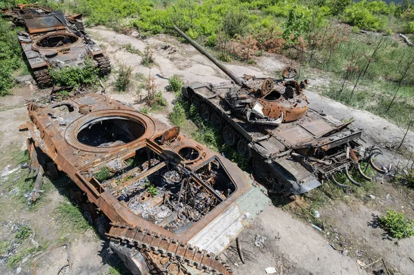 Esta Foto Mostra Uma Vista Aérea Equipamentos Militares Destruídos Ucrânia — Fotografia de Stock