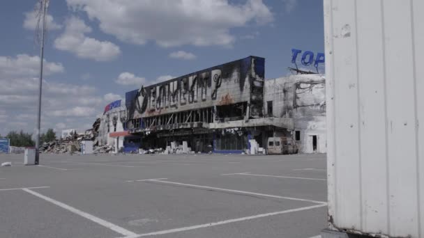 Stock Video Shows Destroyed Building Shopping Center Bucha Slow Motion — Stock Video