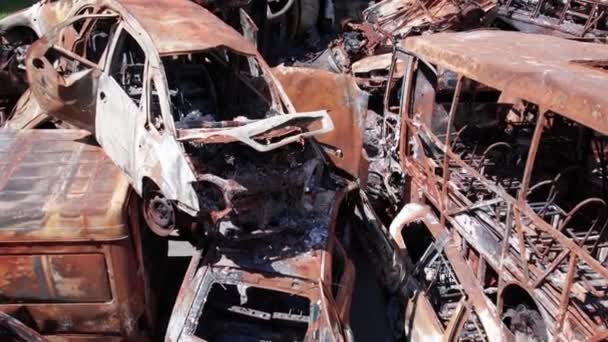 Stock Video Shows Aftermath War Ukraine Burned Shot Cars — Stock Video