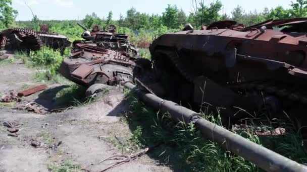 Видео Воздуха Показывает Уничтоженную Военную Технику Украине Время Войны — стоковое видео