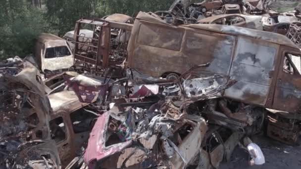 Questo Video Mostra Conseguenze Della Guerra Ucraina Auto Bruciate Sparate — Video Stock