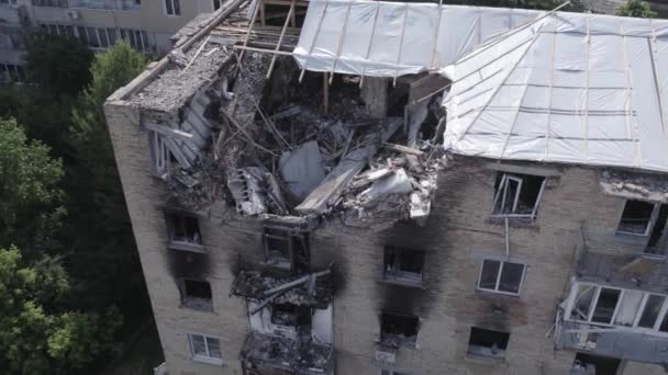 Stock Video Shows Destroyed Building City Makariv War Ukraine Grey — Stock Video