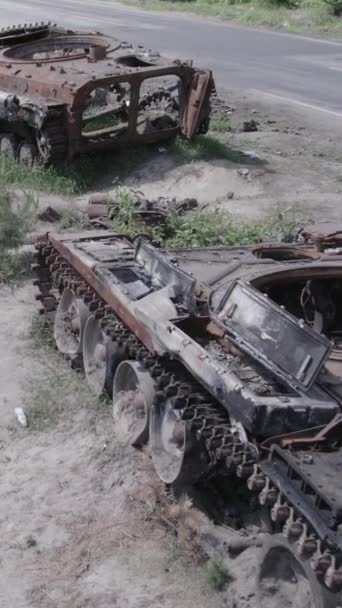 Stock Vertical Video Shows Aerial View Destroyed Military Equipment Ukraine — Stok Video