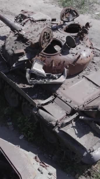 Stock Vertical Video Shows Aerial View Destroyed Military Equipment Ukraine — Stock Video