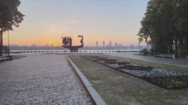 This stock video shows a monument to the founders of the city Kyiv in the morning at dawn, Ukraine in 8K resolution