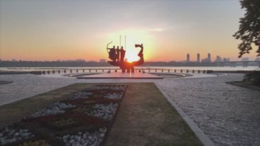 This stock video shows a monument to the founders of the city Kyiv in the morning at dawn, Ukraine in 8K resolution