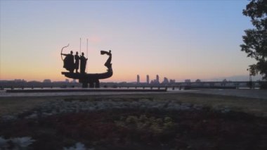 This stock video shows a monument to the founders of the city Kyiv in the morning at dawn, Ukraine in 8K resolution