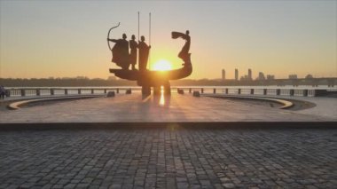 This stock video shows a monument to the founders of the city Kyiv in the morning at dawn, Ukraine in 8K resolution